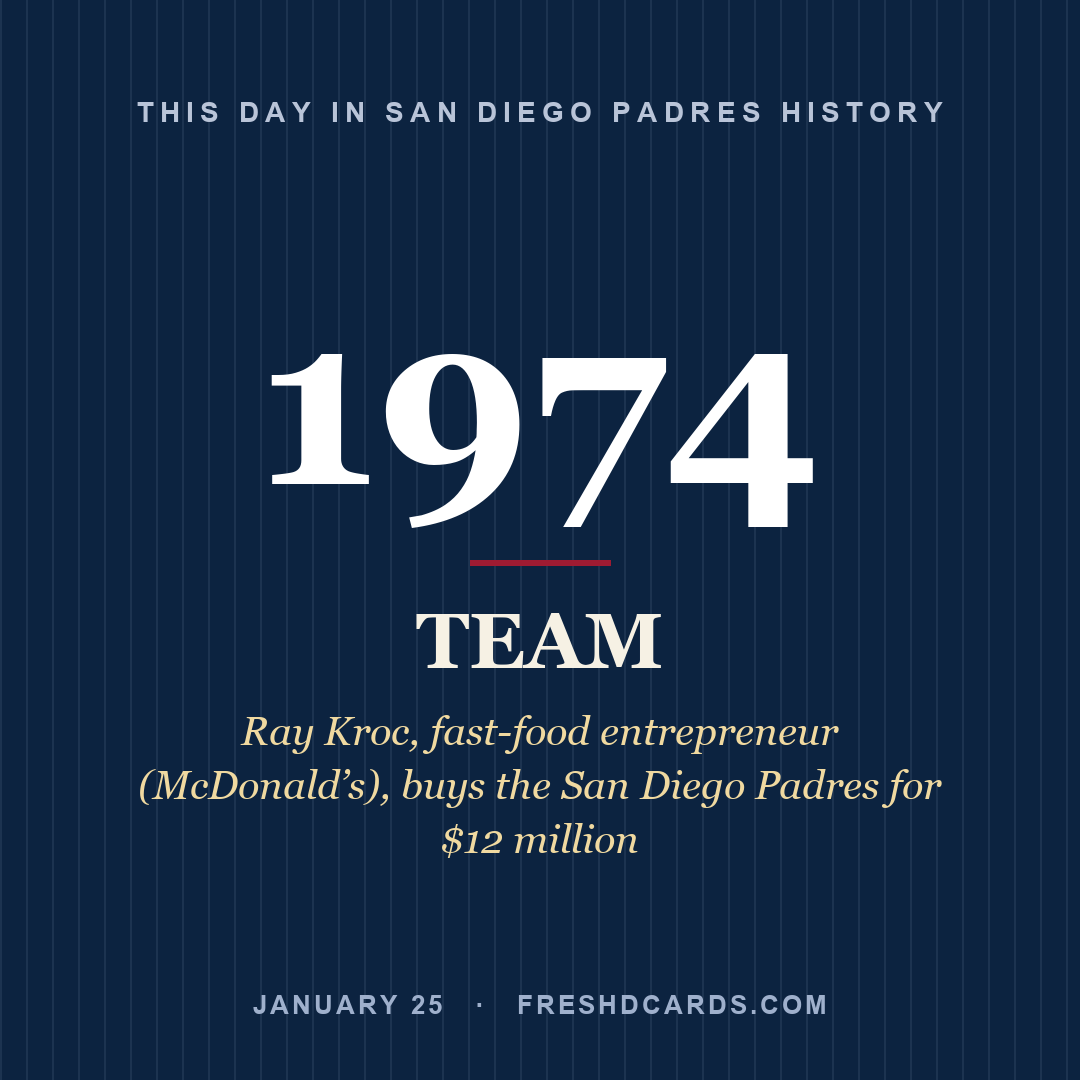 San Diego Padres: San Diego Padres, 1974, Ray Kroc, fast-food entrepreneur (McDonald’s), buys the San Diego Padres for $12 million