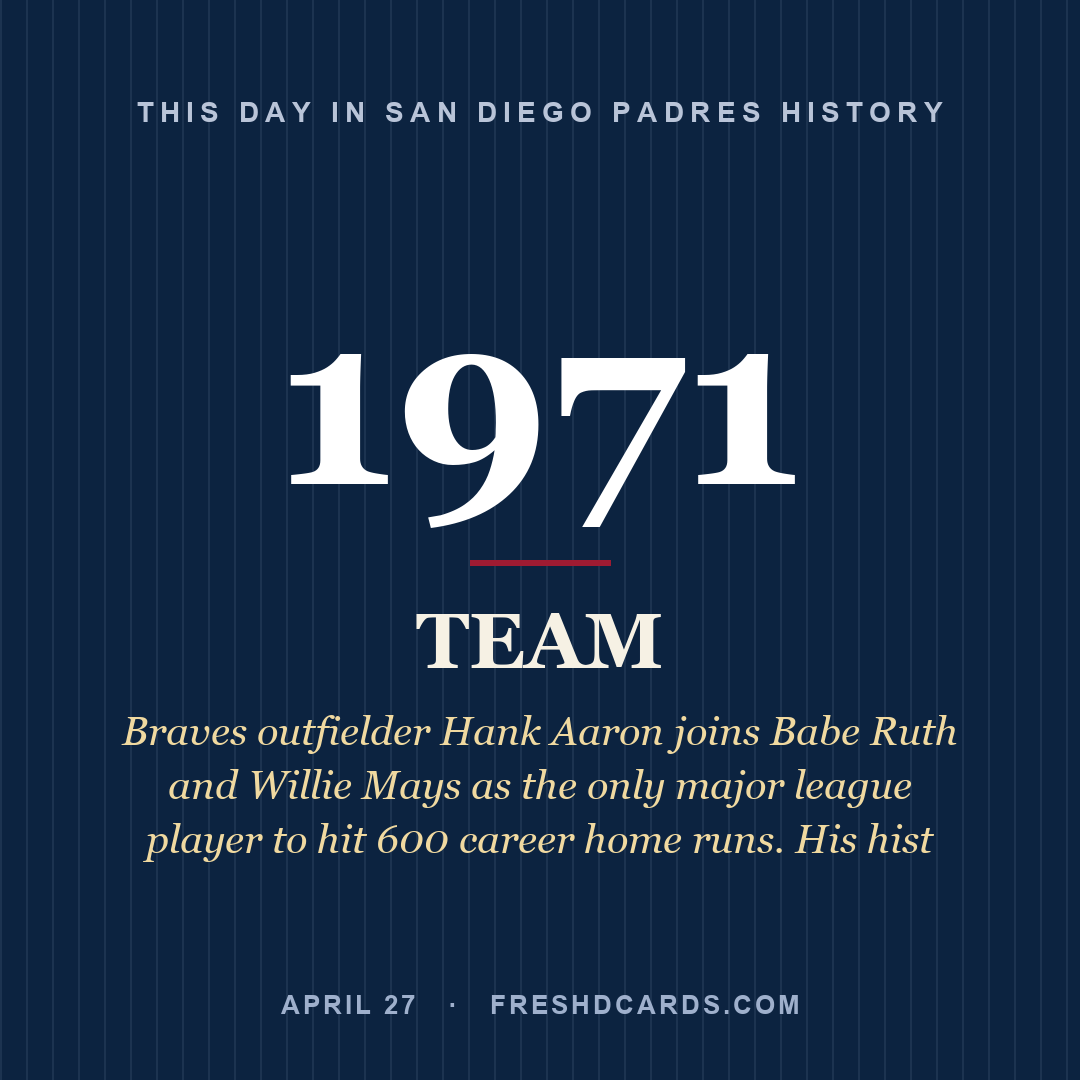 San Diego Padres: San Diego Padres, 1971, Braves outfielder Hank Aaron joins Babe Ruth and Willie Mays as the only major league player to hit 600 career home runs. His hist