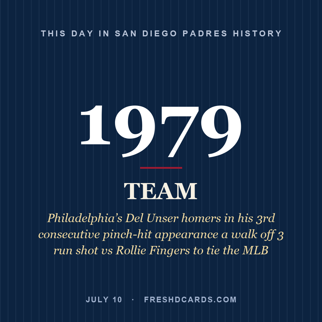 San Diego Padres: San Diego Padres, 1979, Philadelphia’s Del Unser homers in his 3rd consecutive pinch-hit appearance a walk off 3 run shot vs Rollie Fingers to tie the MLB