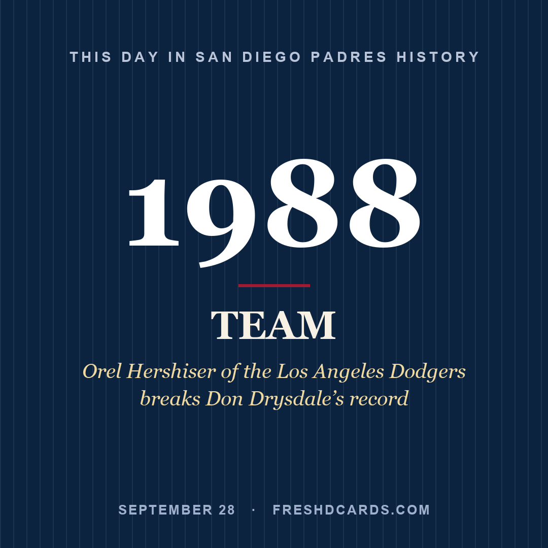 San Diego Padres: San Diego Padres, 1988, Orel Hershiser of the Los Angeles Dodgers breaks Don Drysdale’s record