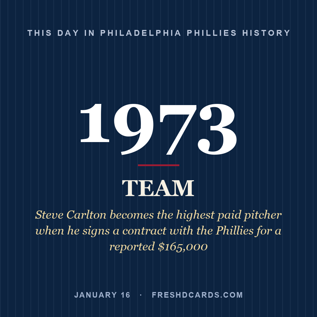Philadelphia Phillies: Philadelphia Phillies, 1973, Steve Carlton becomes the highest paid pitcher when he signs a contract with the Phillies for a reported $165,000