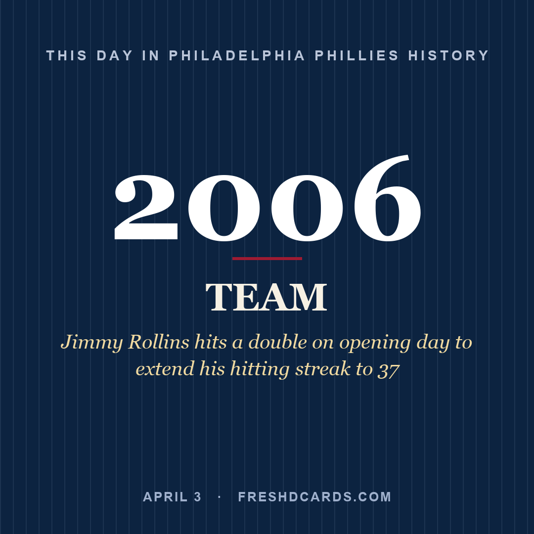 Philadelphia Phillies: Philadelphia Phillies, 2006, Jimmy Rollins hits a double on opening day to extend his hitting streak to 37