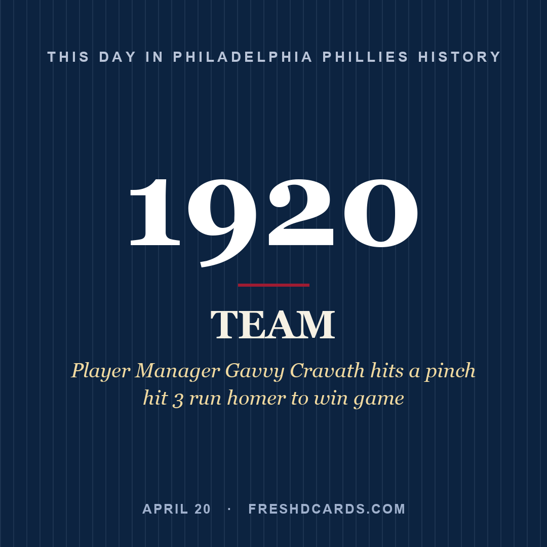Philadelphia Phillies: Philadelphia Phillies, 1920, Player Manager Gavvy Cravath hits a pinch hit 3 run homer to win game
