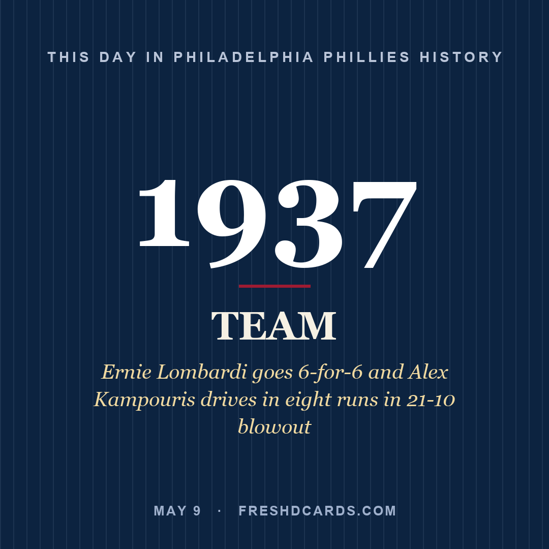 Philadelphia Phillies: Philadelphia Phillies, 1937, Ernie Lombardi goes 6-for-6 and Alex Kampouris drives in eight runs in 21-10 blowout