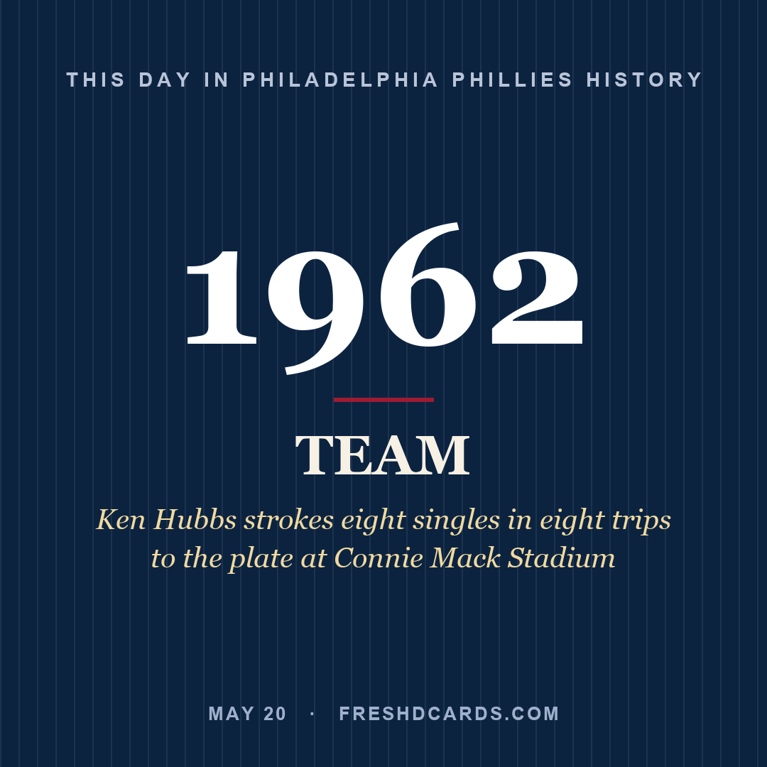 Philadelphia Phillies: Philadelphia Phillies, 1962, Ken Hubbs strokes eight singles in eight trips to the plate at Connie Mack Stadium