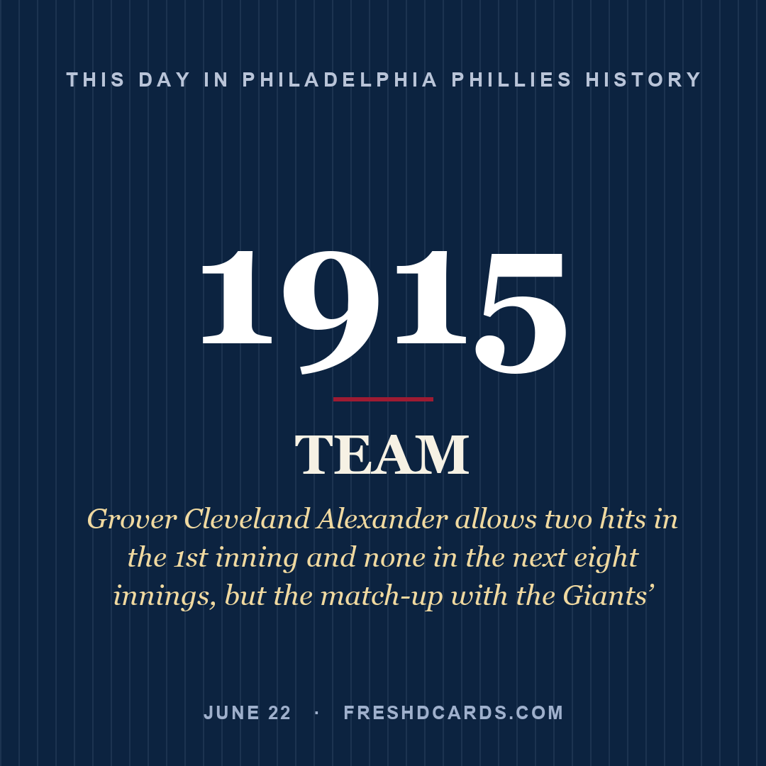 Philadelphia Phillies: Philadelphia Phillies, 1915, Grover Cleveland Alexander allows two hits in the 1st inning and none in the next eight innings, but the match-up with the Giants’
