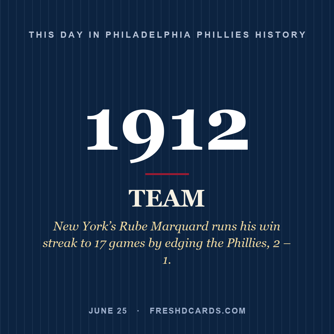 Philadelphia Phillies: Philadelphia Phillies, 1912, New York’s Rube Marquard runs his win streak to 17 games by edging the Phillies, 2 – 1.