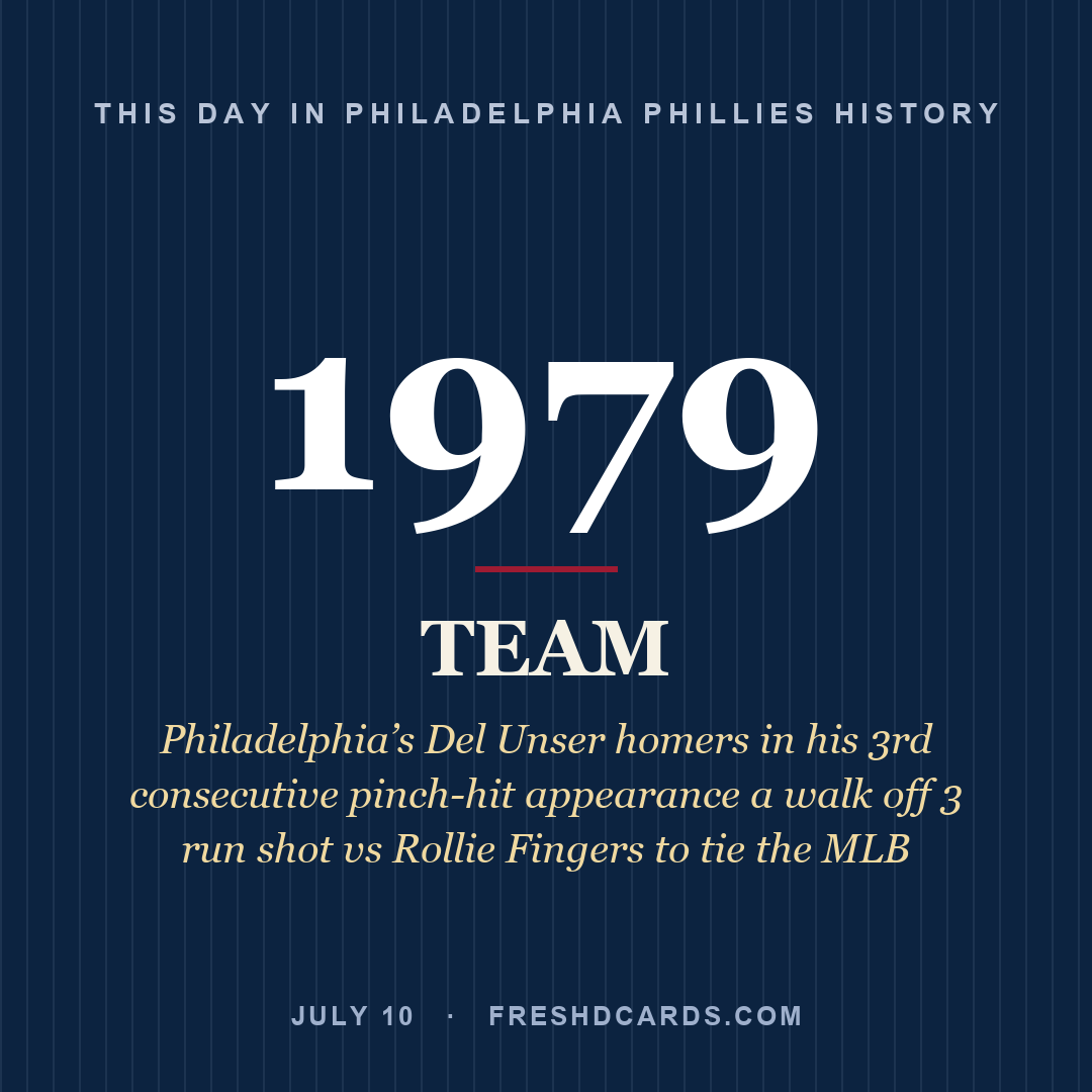 Philadelphia Phillies: Philadelphia Phillies, 1979, Philadelphia’s Del Unser homers in his 3rd consecutive pinch-hit appearance a walk off 3 run shot vs Rollie Fingers to tie the MLB