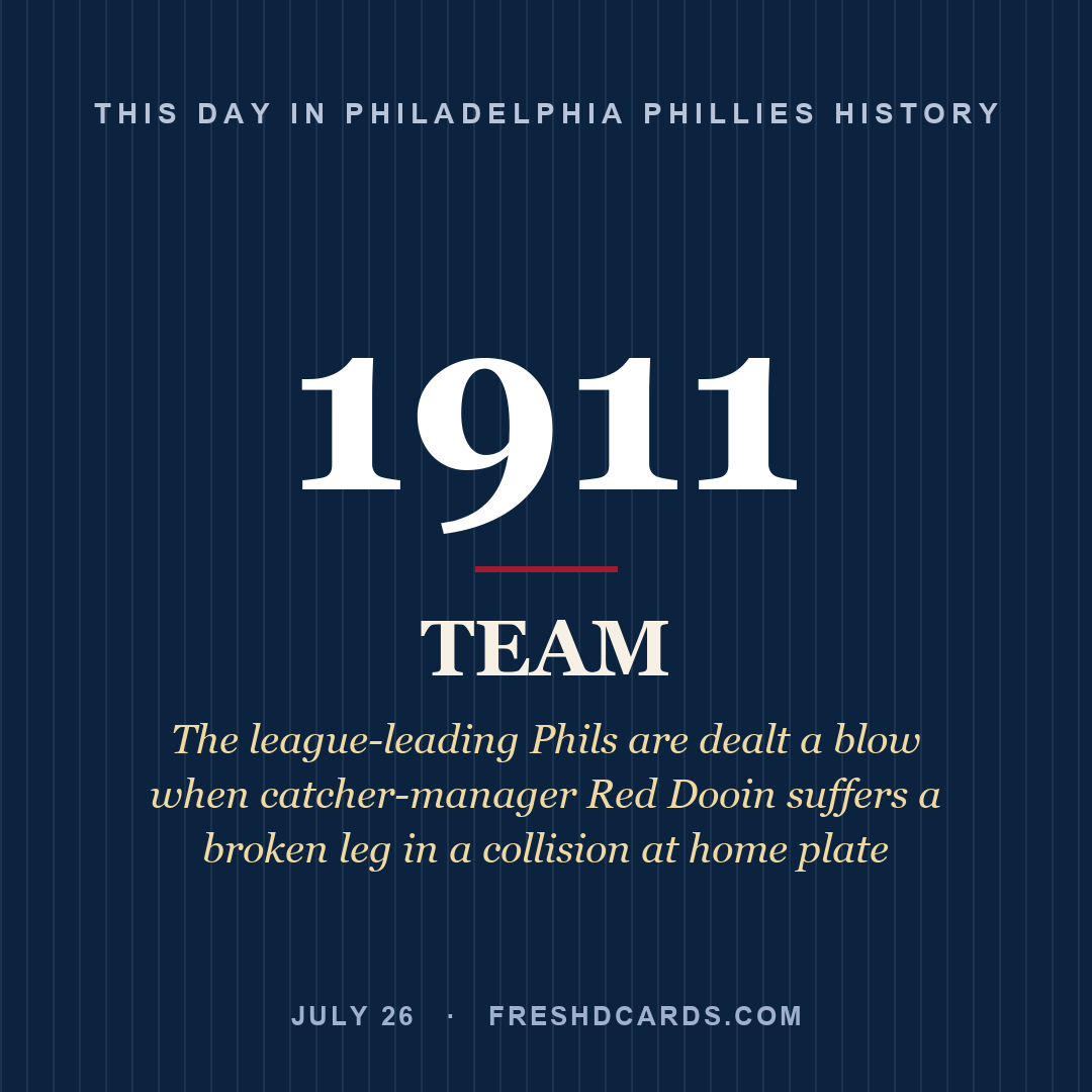 Philadelphia Phillies: Philadelphia Phillies, 1911, The league-leading Phils are dealt a blow when catcher-manager Red Dooin suffers a broken leg in a collision at home plate