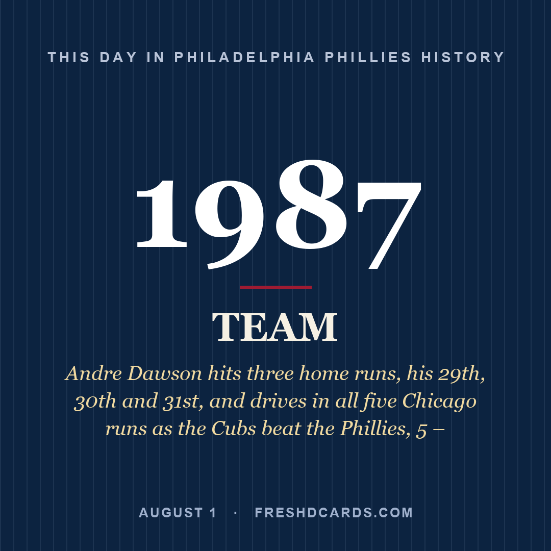 Philadelphia Phillies: Philadelphia Phillies, 1987, Andre Dawson hits three home runs, his 29th, 30th and 31st, and drives in all five Chicago runs as the Cubs beat the Phillies, 5 –
