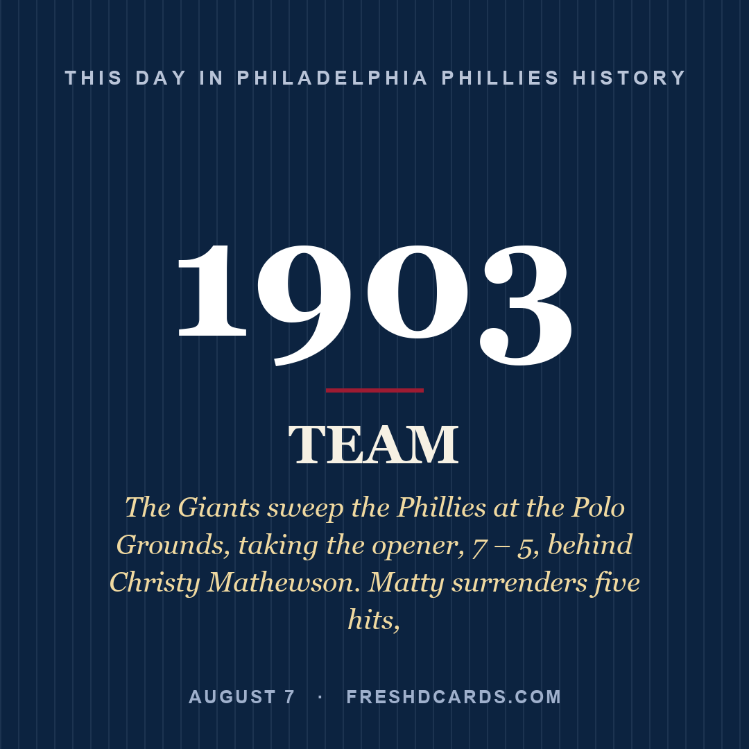 Philadelphia Phillies: Philadelphia Phillies, 1903, The Giants sweep the Phillies at the Polo Grounds, taking the opener, 7 – 5, behind Christy Mathewson. Matty surrenders five hits,