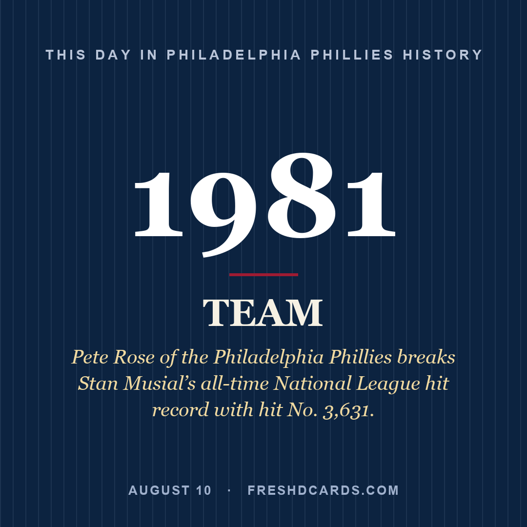 Philadelphia Phillies: Philadelphia Phillies, 1981, Pete Rose of the Philadelphia Phillies breaks Stan Musial’s all-time National League hit record with hit No. 3,631.