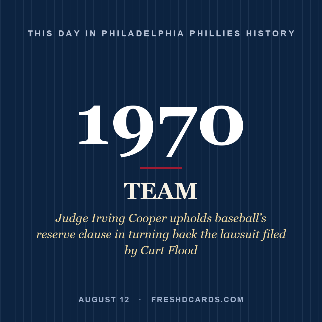 Philadelphia Phillies: Philadelphia Phillies, 1970, Judge Irving Cooper upholds baseball’s reserve clause in turning back the lawsuit filed by Curt Flood