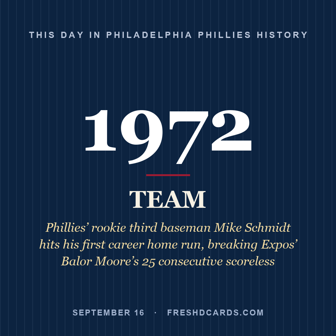 Philadelphia Phillies: Philadelphia Phillies, 1972, Phillies’ rookie third baseman Mike Schmidt hits his first career home run, breaking Expos’ Balor Moore’s 25 consecutive scoreless