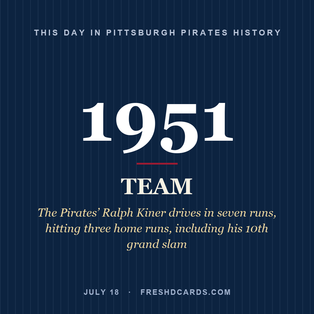 Pittsburgh Pirates: Pittsburgh Pirates, 1951, The Pirates’ Ralph Kiner drives in seven runs, hitting three home runs, including his 10th grand slam