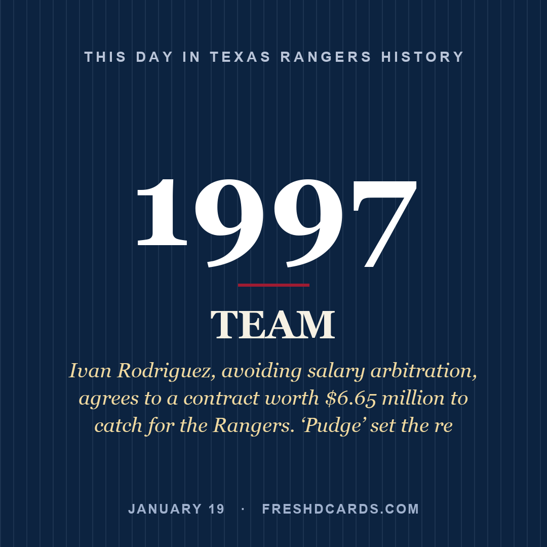 Texas Rangers: Texas Rangers, 1997, Ivan Rodriguez, avoiding salary arbitration, agrees to a contract worth $6.65 million to catch for the Rangers. ‘Pudge’ set the re