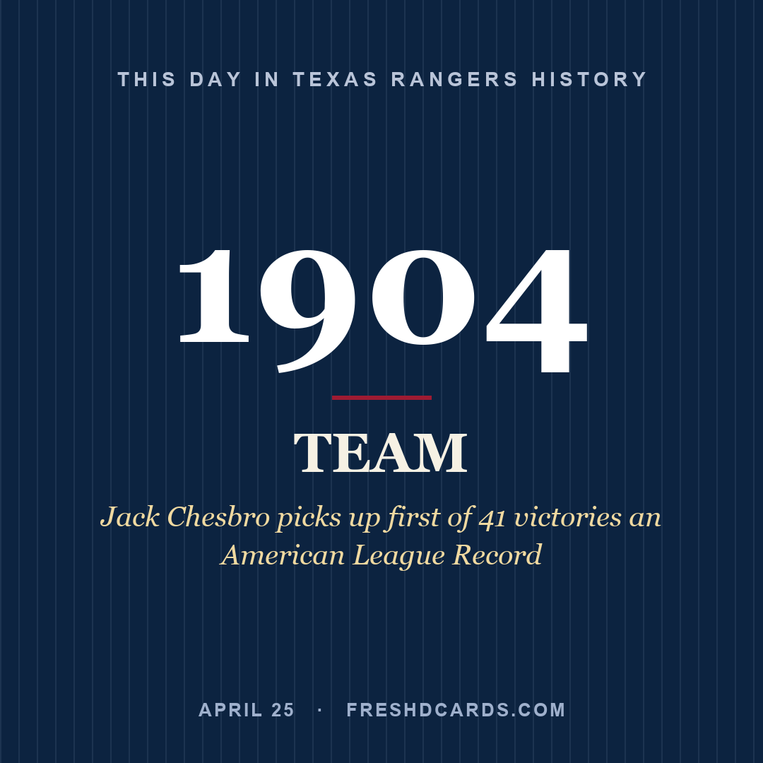 Texas Rangers: Texas Rangers, 1904, Jack Chesbro picks up first of 41 victories an American League Record