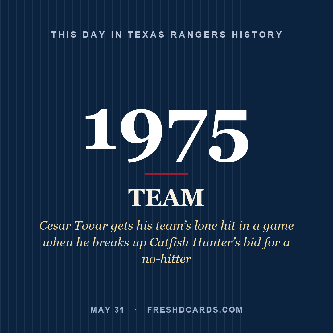 Texas Rangers: Texas Rangers, 1975, Cesar Tovar gets his team’s lone hit in a game when he breaks up Catfish Hunter’s bid for a no-hitter