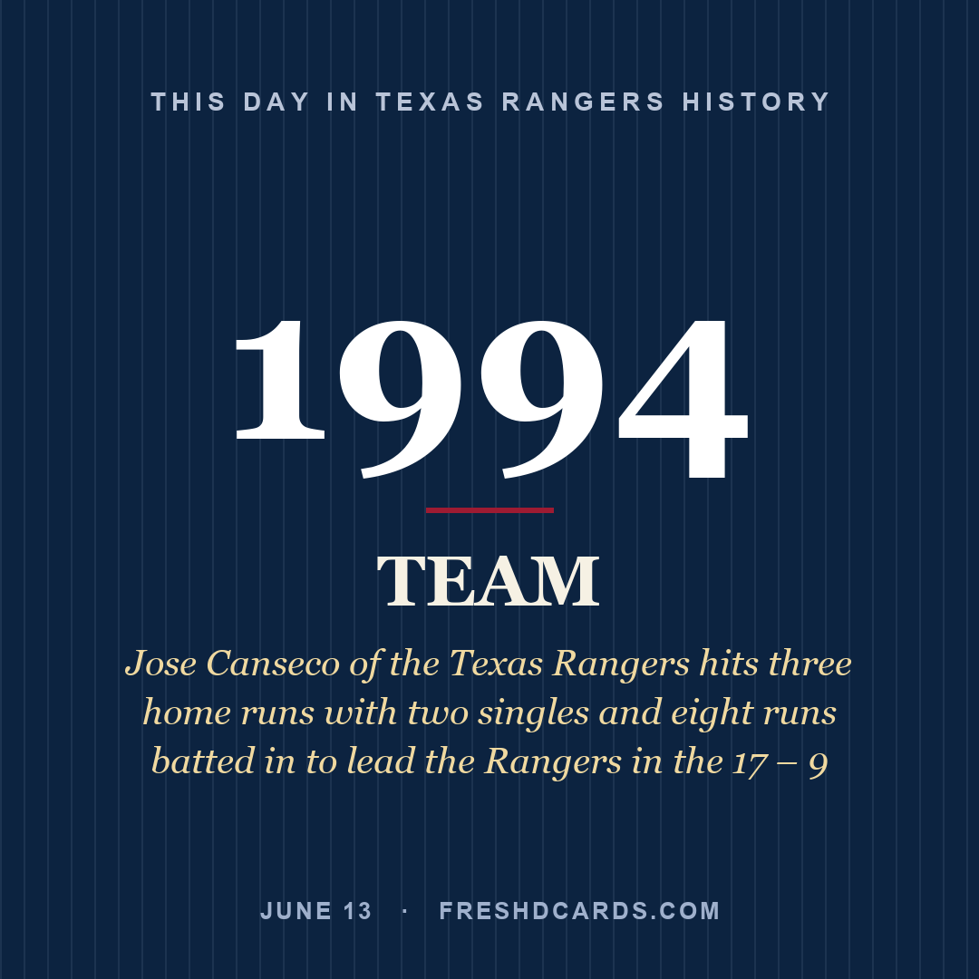 Texas Rangers: Texas Rangers, 1994, Jose Canseco of the Texas Rangers hits three home runs with two singles and eight runs batted in to lead the Rangers in the 17 – 9