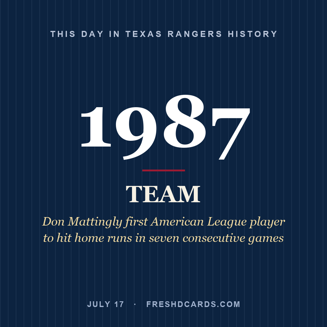 Texas Rangers: Texas Rangers, 1987, Don Mattingly first American League player to hit home runs in seven consecutive games
