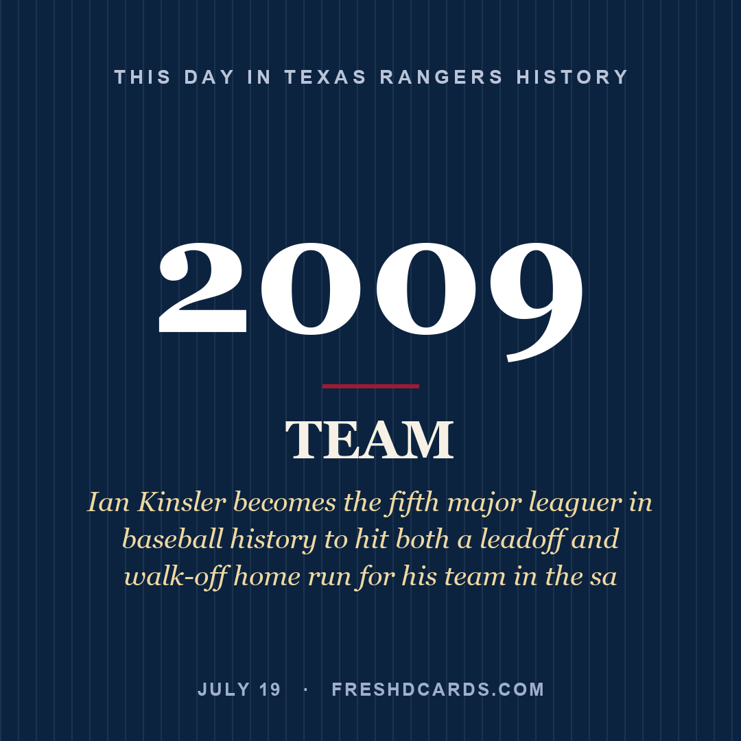 Texas Rangers: Texas Rangers, 2009, Ian Kinsler becomes the fifth major leaguer in baseball history to hit both a leadoff and walk-off home run for his team in the sa