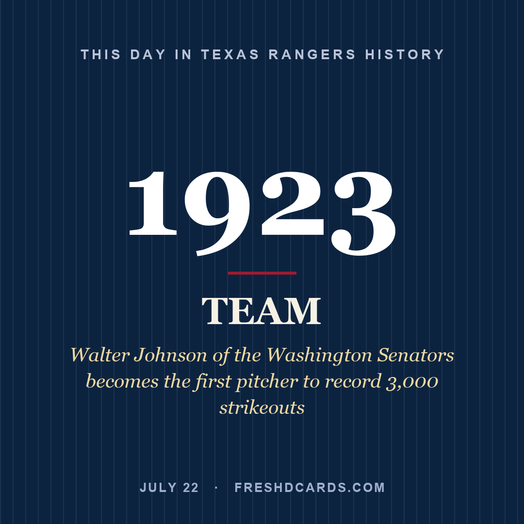 Texas Rangers: Texas Rangers, 1923, Walter Johnson of the Washington Senators becomes the first pitcher to record 3,000 strikeouts