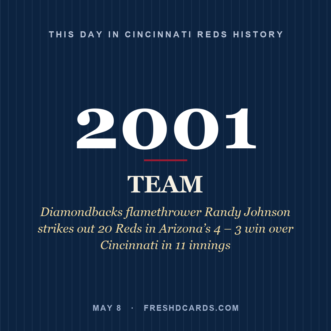 Cincinnati Reds: Cincinnati Reds, 2001, Diamondbacks flamethrower Randy Johnson strikes out 20 Reds in Arizona’s 4 – 3 win over Cincinnati in 11 innings