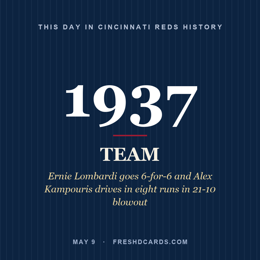 Cincinnati Reds: Cincinnati Reds, 1937, Ernie Lombardi goes 6-for-6 and Alex Kampouris drives in eight runs in 21-10 blowout