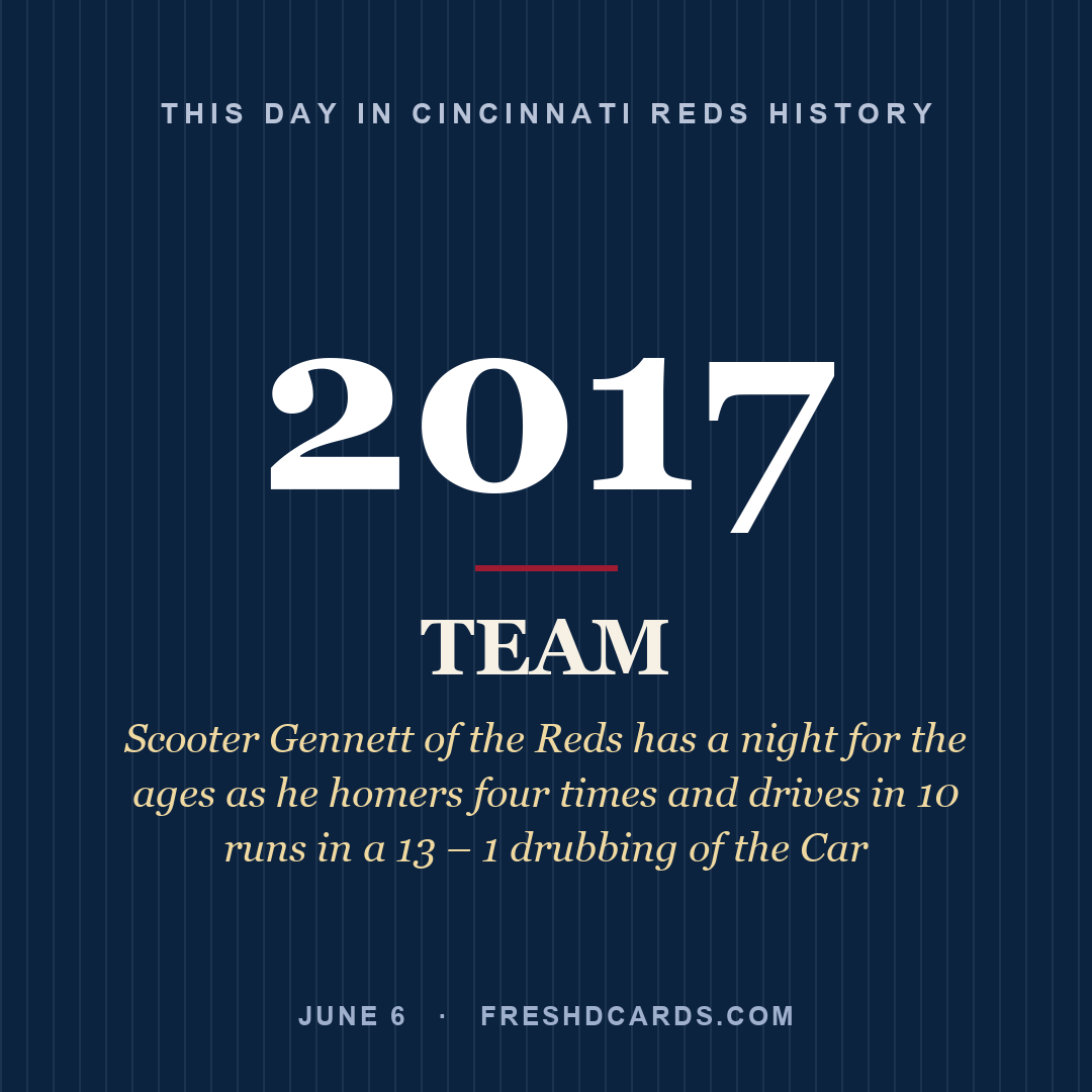 Cincinnati Reds: Cincinnati Reds, 2017, Scooter Gennett of the Reds has a night for the ages as he homers four times and drives in 10 runs in a 13 – 1 drubbing of the Car