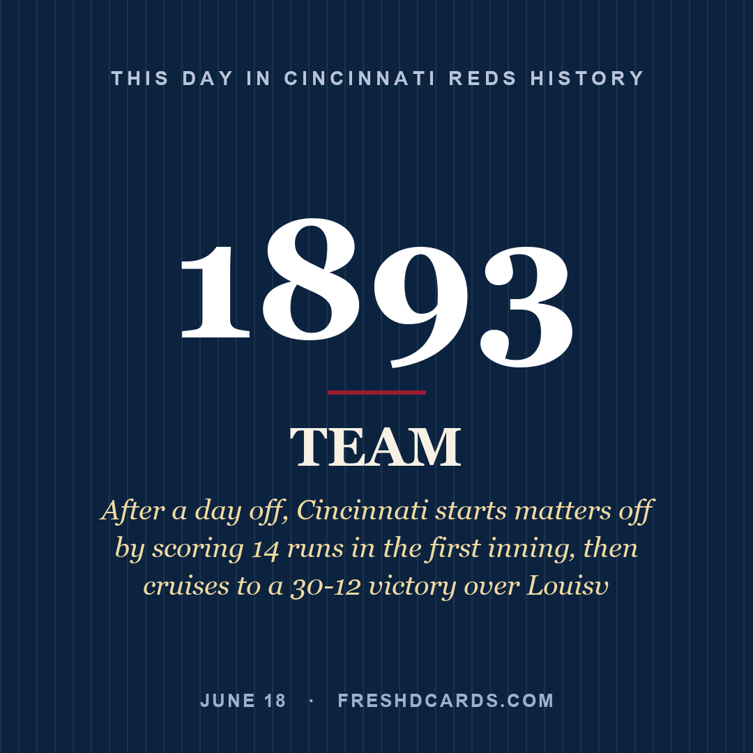 Cincinnati Reds: Cincinnati Reds, 1893, After a day off, Cincinnati starts matters off by scoring 14 runs in the first inning‚ then cruises to a 30-12 victory over Louisv