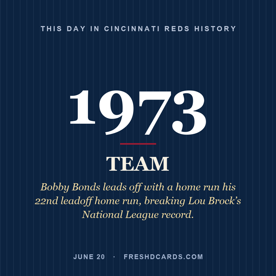Cincinnati Reds: Cincinnati Reds, 1973, Bobby Bonds leads off with a home run his 22nd leadoff home run, breaking Lou Brock’s National League record.