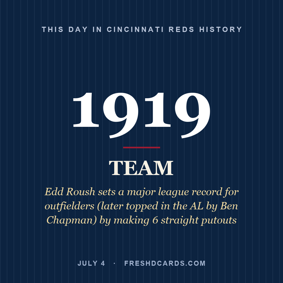 Cincinnati Reds: Cincinnati Reds, 1919, Edd Roush sets a major league record for outfielders (later topped in the AL by Ben Chapman) by making 6 straight putouts