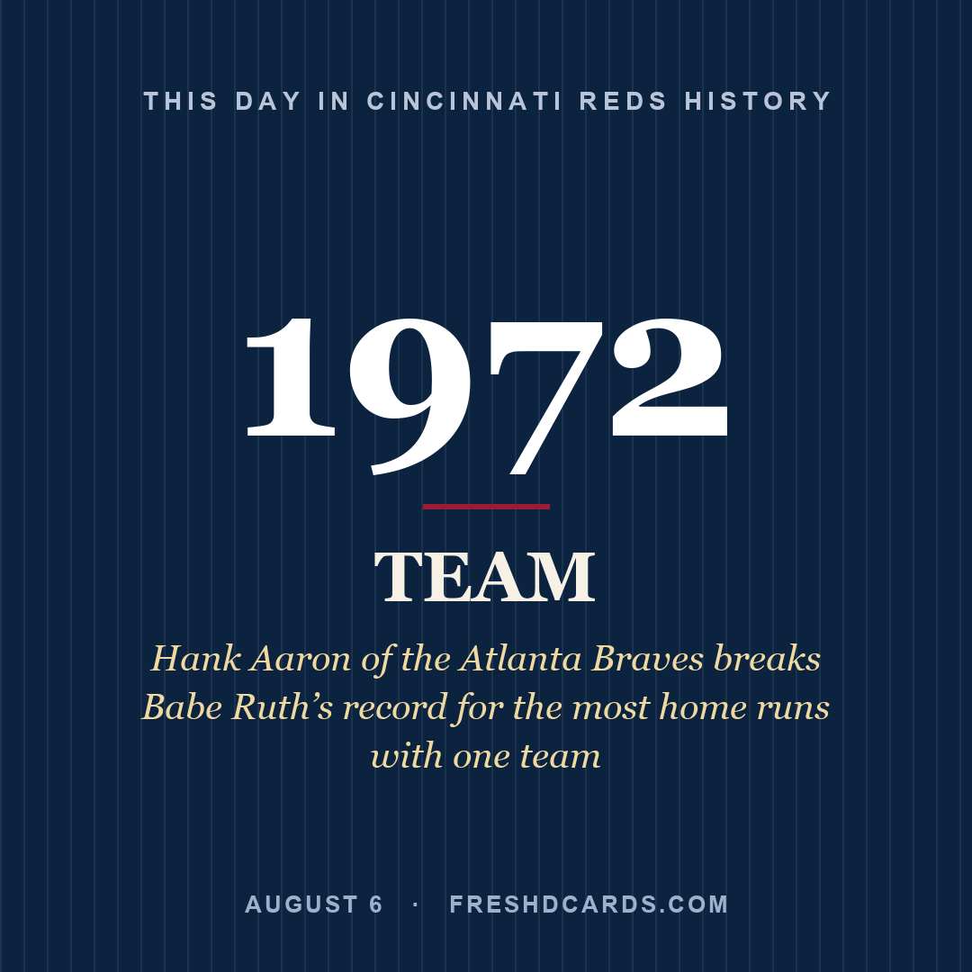 Cincinnati Reds: Cincinnati Reds, 1972, Hank Aaron of the Atlanta Braves breaks Babe Ruth’s record for the most home runs with one team