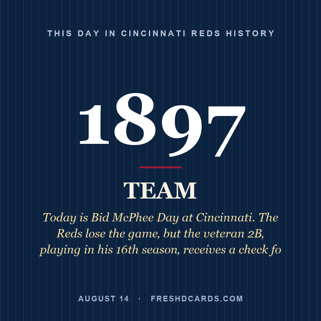 Cincinnati Reds: Cincinnati Reds, 1897, Today is Bid McPhee Day at Cincinnati. The Reds lose the game‚ but the veteran 2B‚ playing in his 16th season‚ receives a check fo