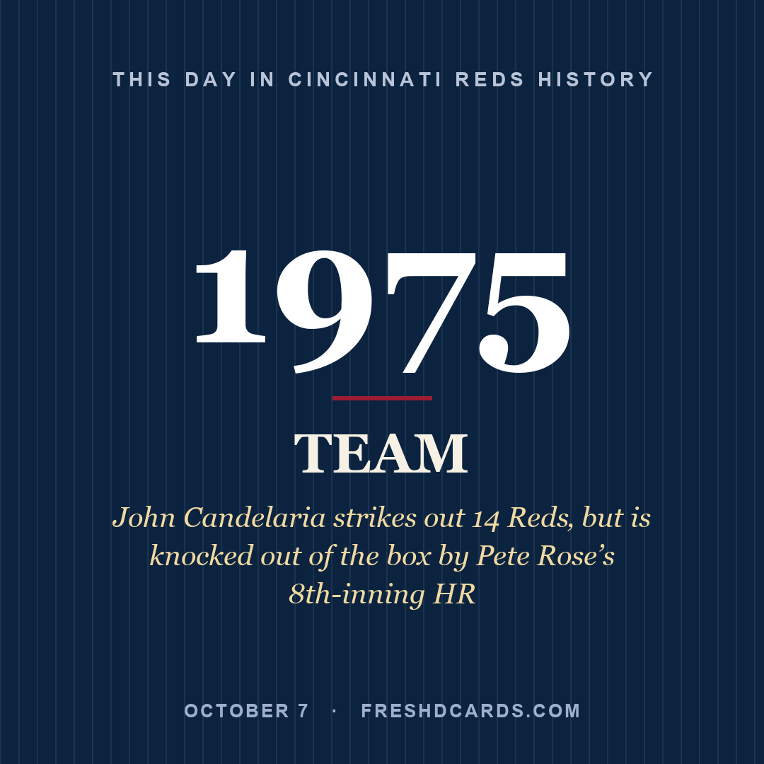 Cincinnati Reds: Cincinnati Reds, 1975, John Candelaria strikes out 14 Reds‚ but is knocked out of the box by Pete Rose’s 8th-inning HR