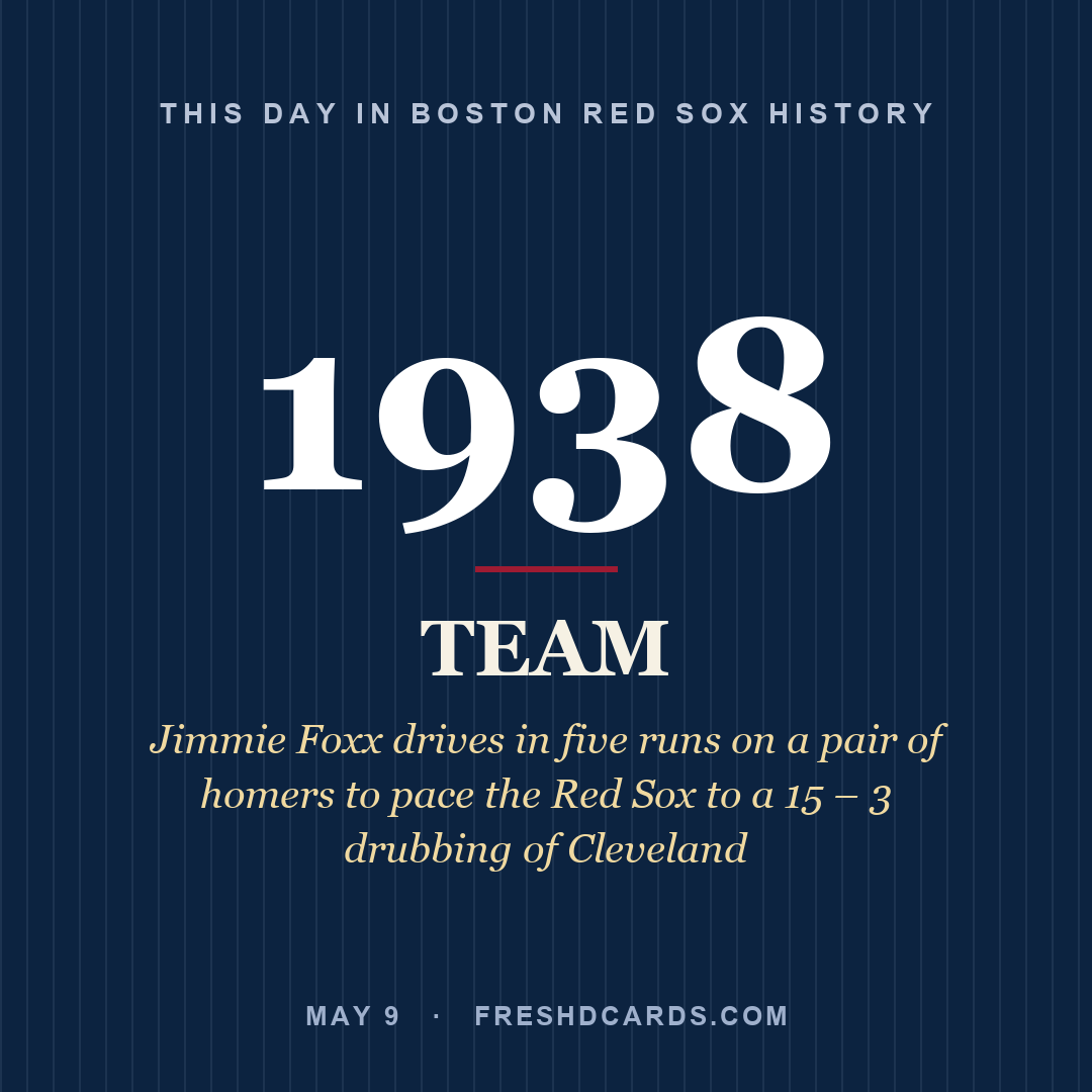 Boston Red Sox: Boston Red Sox, 1938, Jimmie Foxx drives in five runs on a pair of homers to pace the Red Sox to a 15 – 3 drubbing of Cleveland