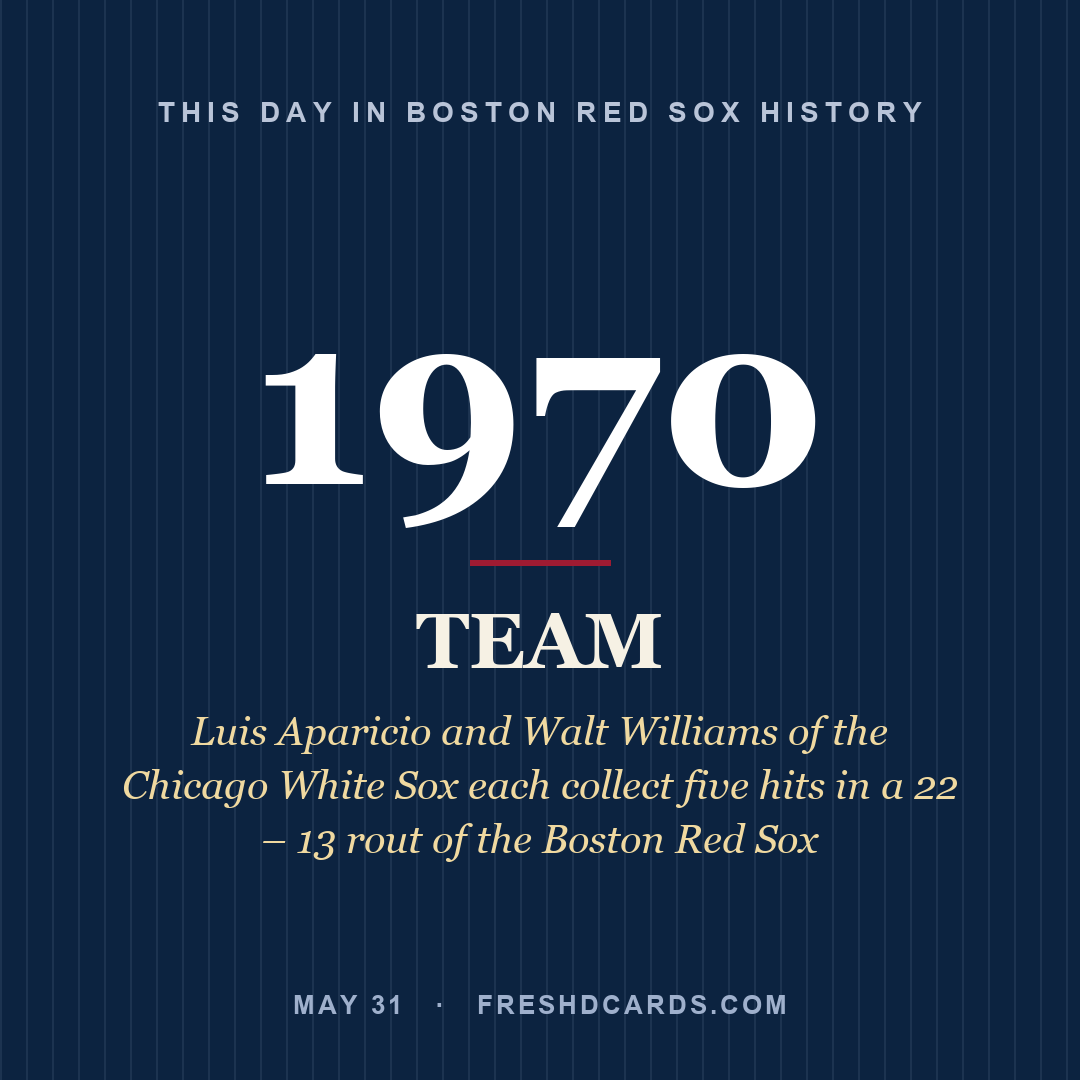 Boston Red Sox: Boston Red Sox, 1970, Luis Aparicio and Walt Williams of the Chicago White Sox each collect five hits in a 22 – 13 rout of the Boston Red Sox