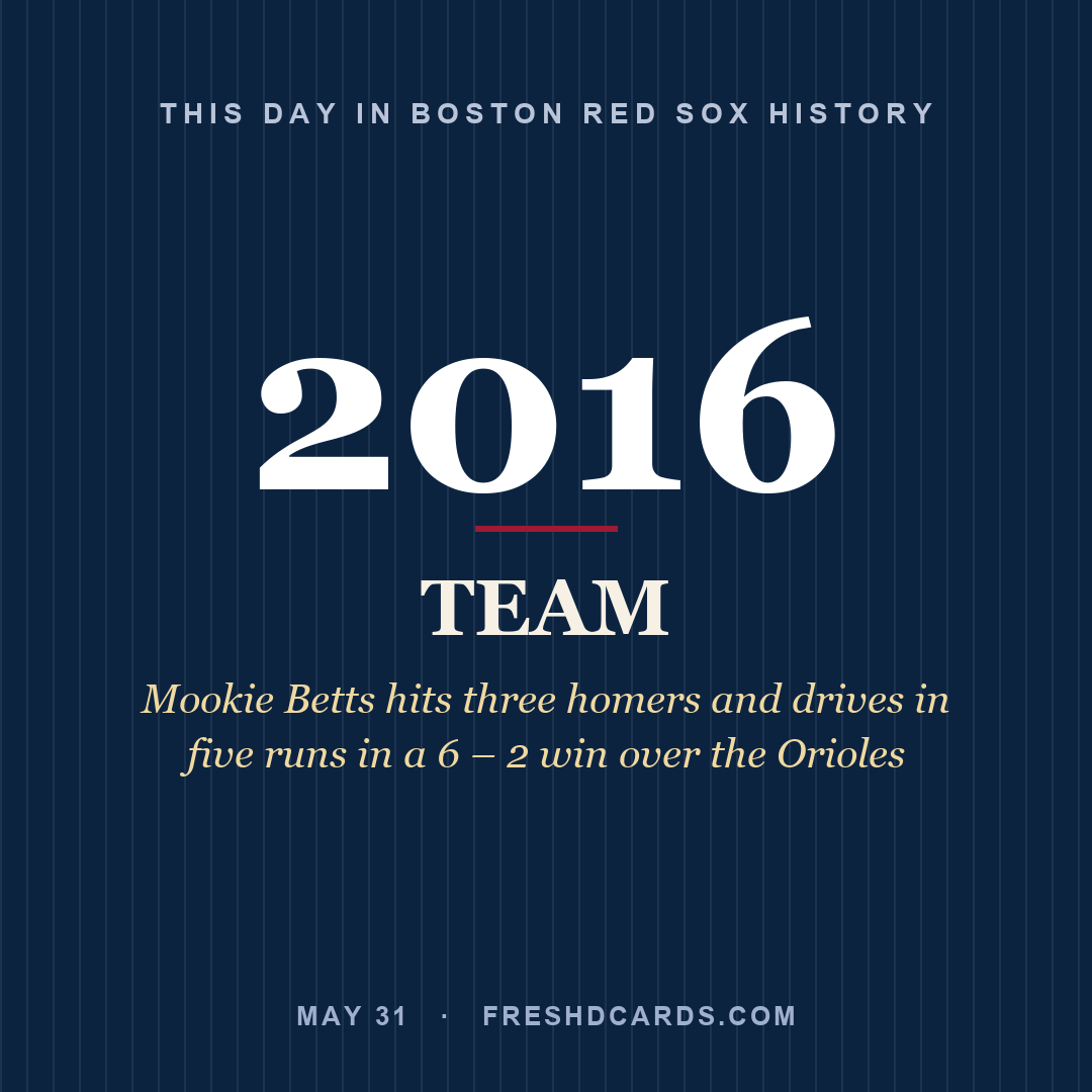 Boston Red Sox: Boston Red Sox, 2016, Mookie Betts hits three homers and drives in five runs in a 6 – 2 win over the Orioles