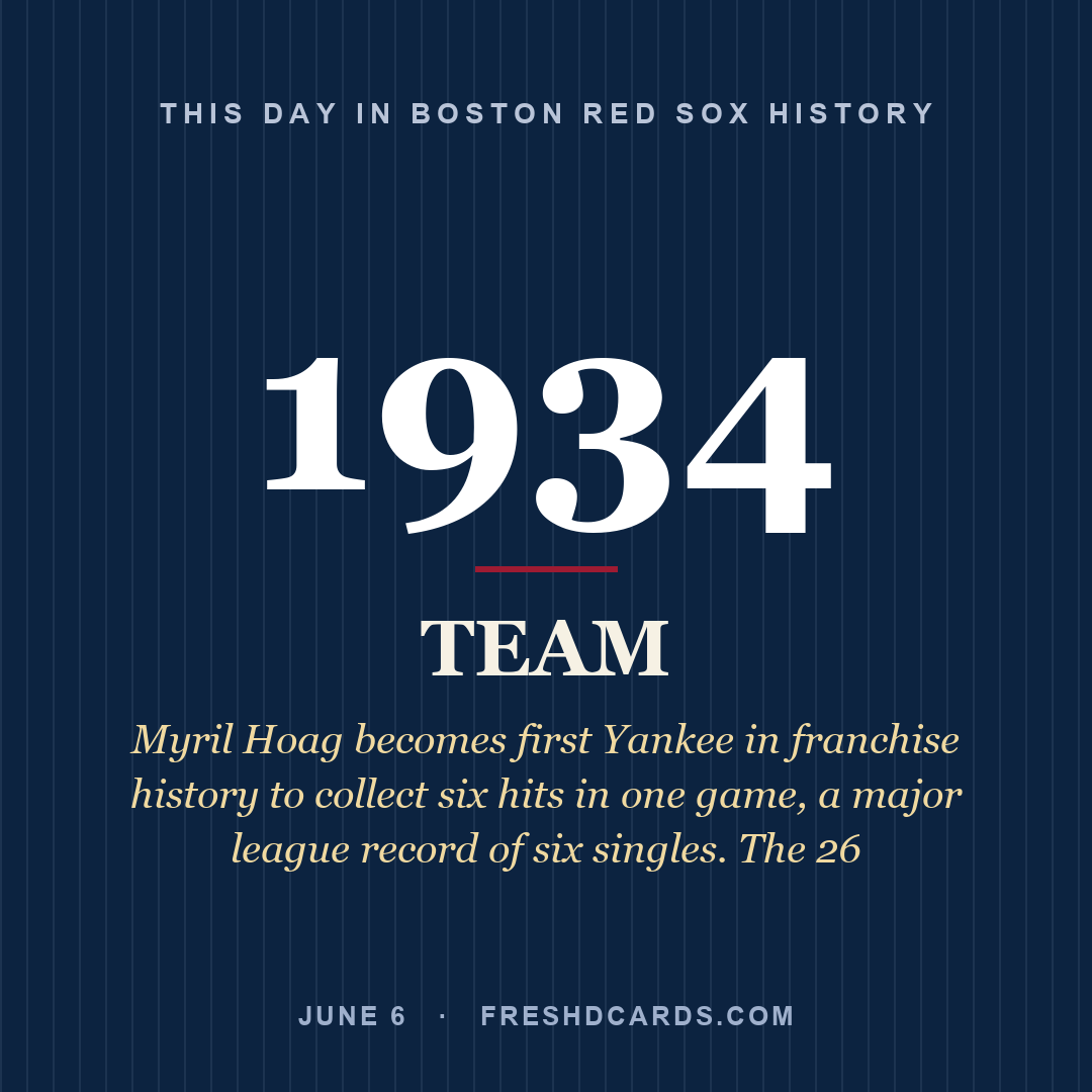 Boston Red Sox: Boston Red Sox, 1934, Myril Hoag becomes first Yankee in franchise history to collect six hits in one game, a major league record of six singles. The 26