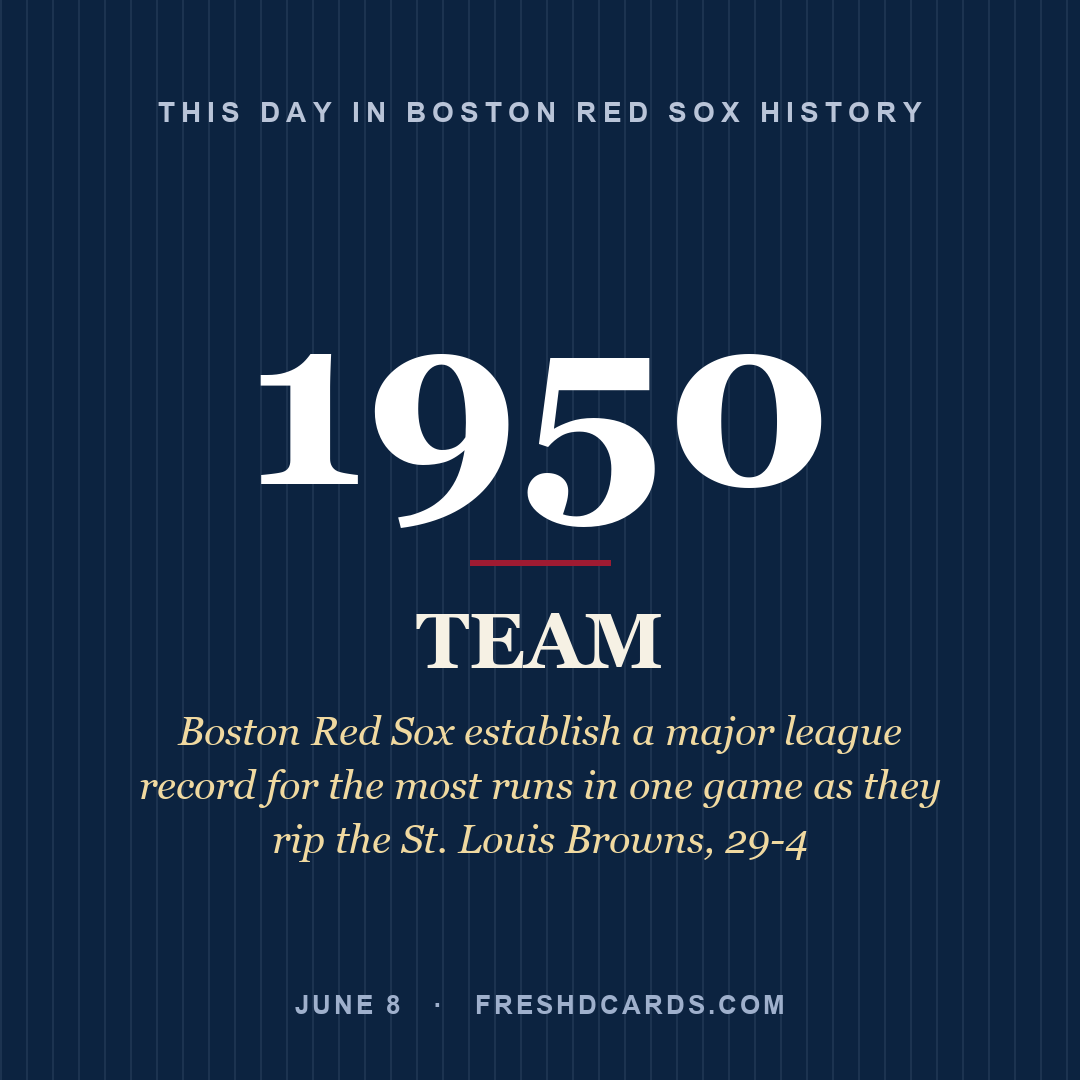 Boston Red Sox: Boston Red Sox, 1950, Boston Red Sox establish a major league record for the most runs in one game as they rip the St. Louis Browns, 29-4