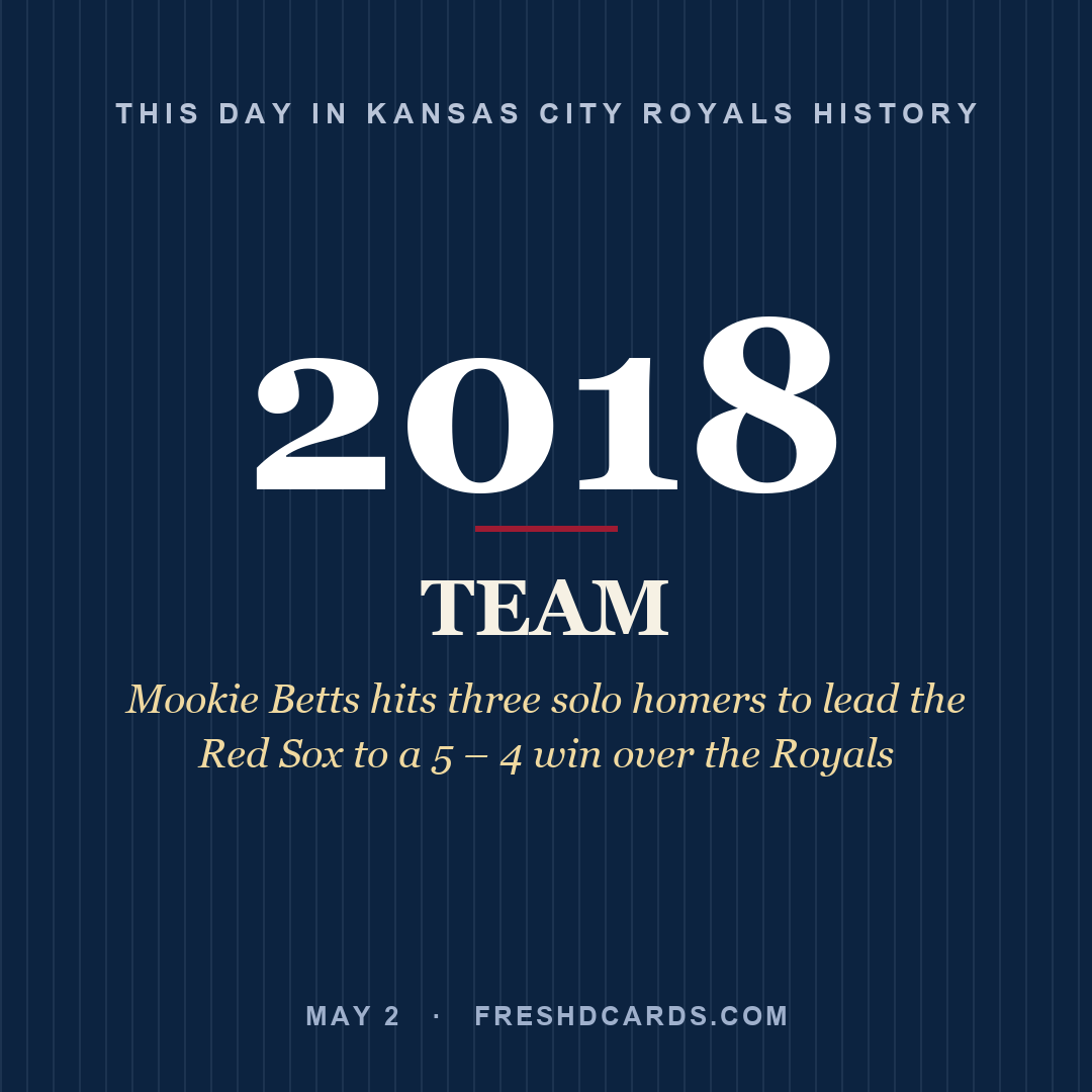 Kansas City Royals: Kansas City Royals, 2018, Mookie Betts hits three solo homers to lead the Red Sox to a 5 – 4 win over the Royals