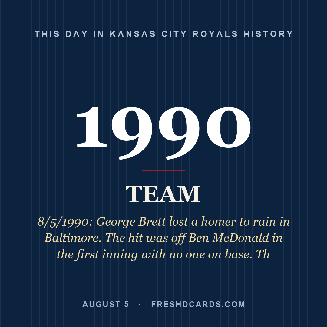Kansas City Royals: Kansas City Royals, 1990, 8/5/1990: George Brett lost a homer to rain in Baltimore. The hit was off Ben McDonald in the first inning with no one on base. Th