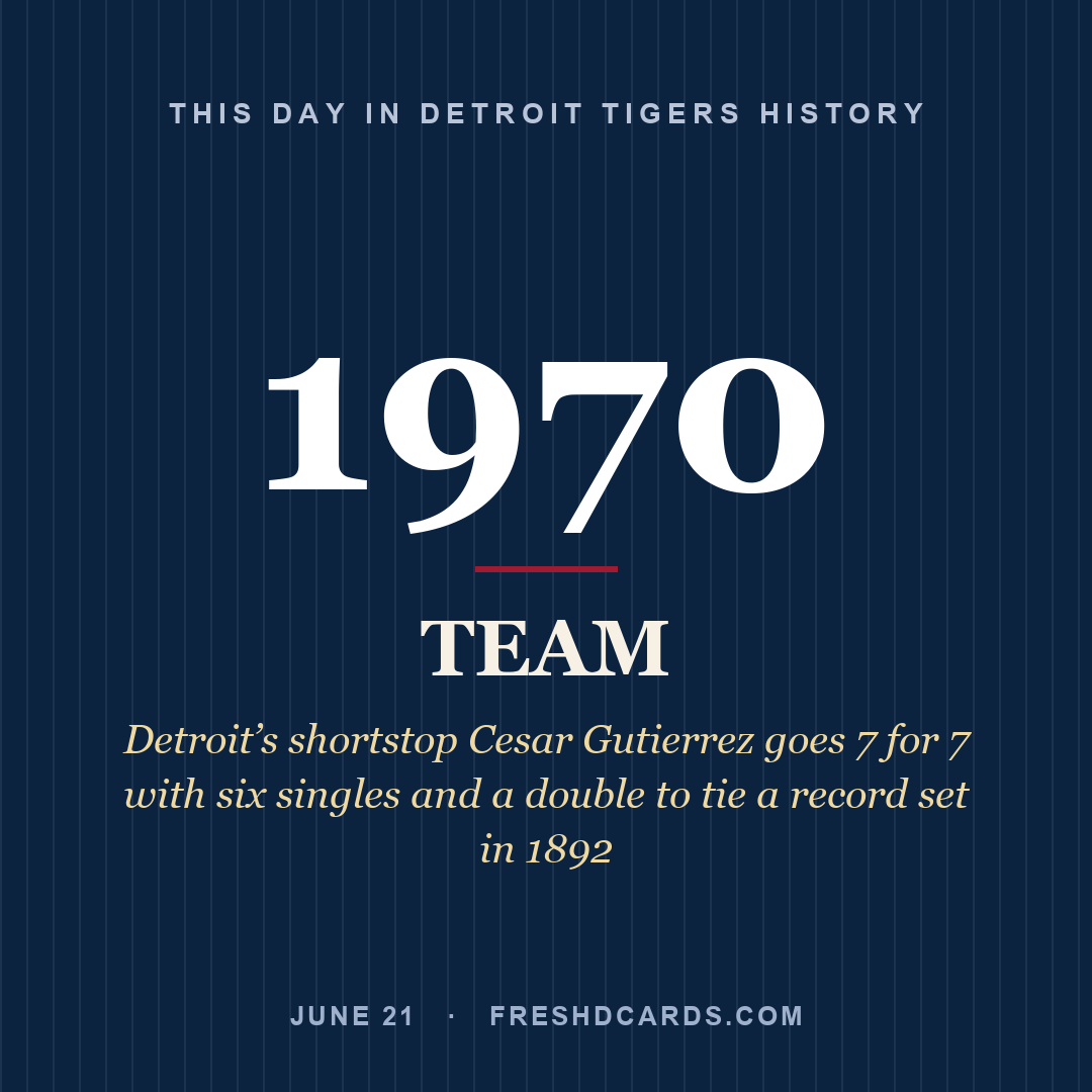 Detroit Tigers: Detroit Tigers, 1970, Detroit’s shortstop Cesar Gutierrez goes 7 for 7 with six singles and a double to tie a record set in 1892