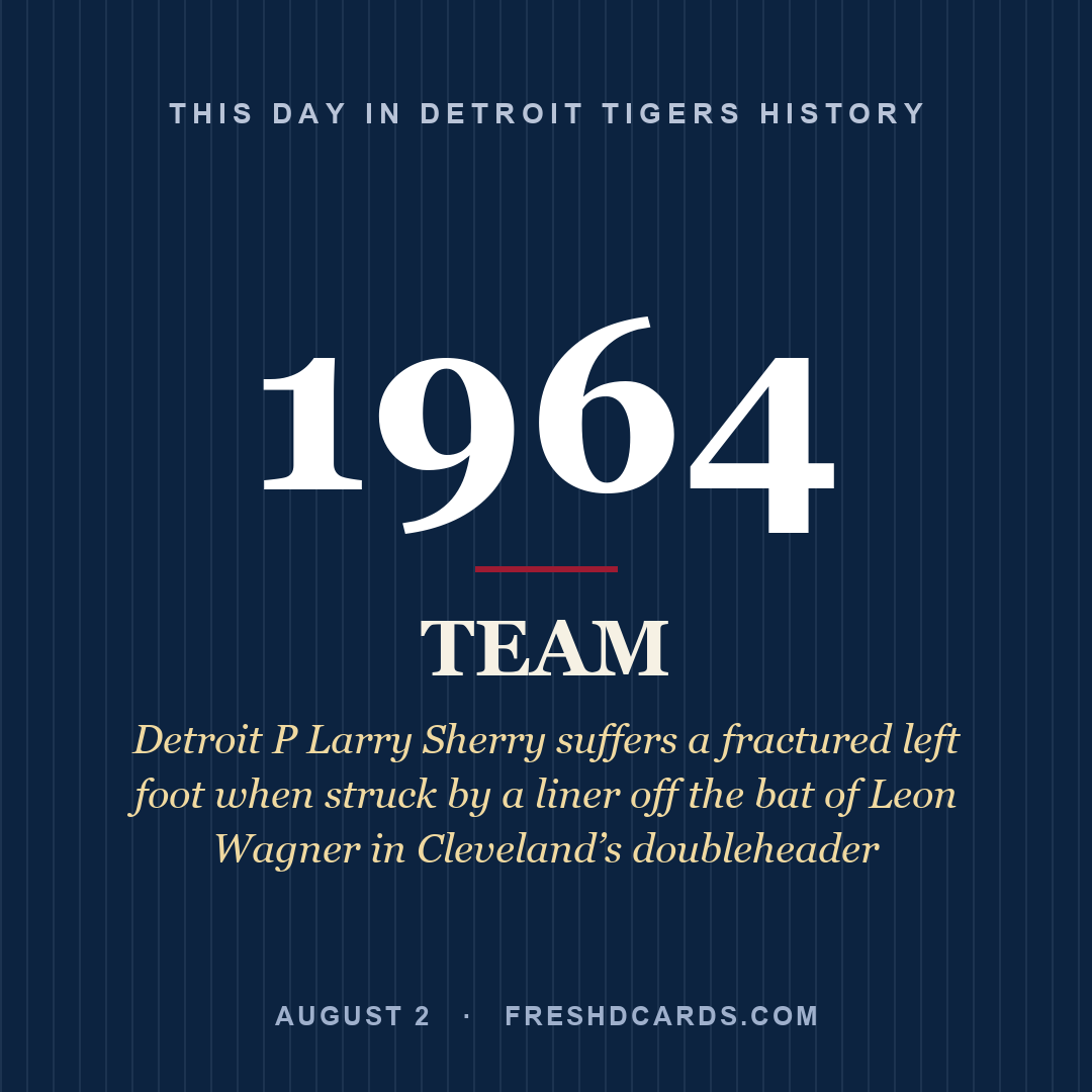 Detroit Tigers: Detroit Tigers, 1964, Detroit P Larry Sherry suffers a fractured left foot when struck by a liner off the bat of Leon Wagner in Cleveland’s doubleheader