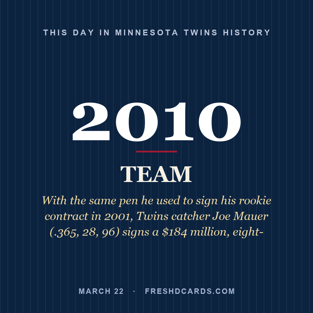 Minnesota Twins: Minnesota Twins, 2010, With the same pen he used to sign his rookie contract in 2001, Twins catcher Joe Mauer (.365, 28, 96) signs a $184 million, eight-