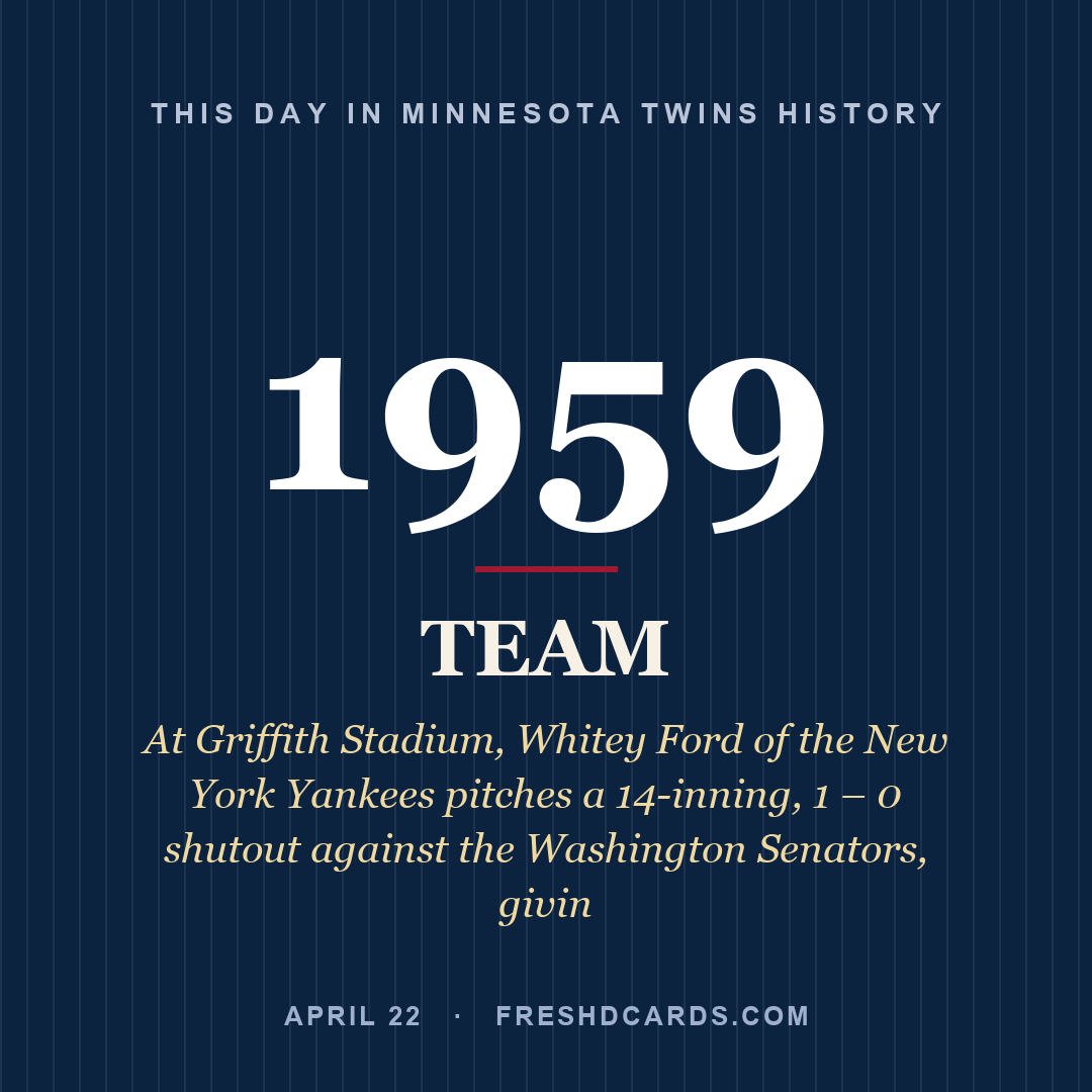 Minnesota Twins: Minnesota Twins, 1959, At Griffith Stadium, Whitey Ford of the New York Yankees pitches a 14-inning, 1 – 0 shutout against the Washington Senators, givin