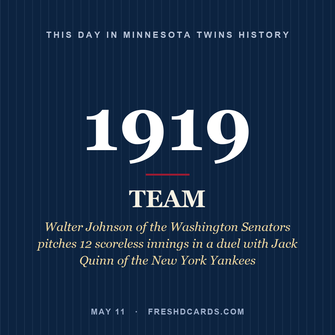 Minnesota Twins: Minnesota Twins, 1919, Walter Johnson of the Washington Senators pitches 12 scoreless innings in a duel with Jack Quinn of the New York Yankees