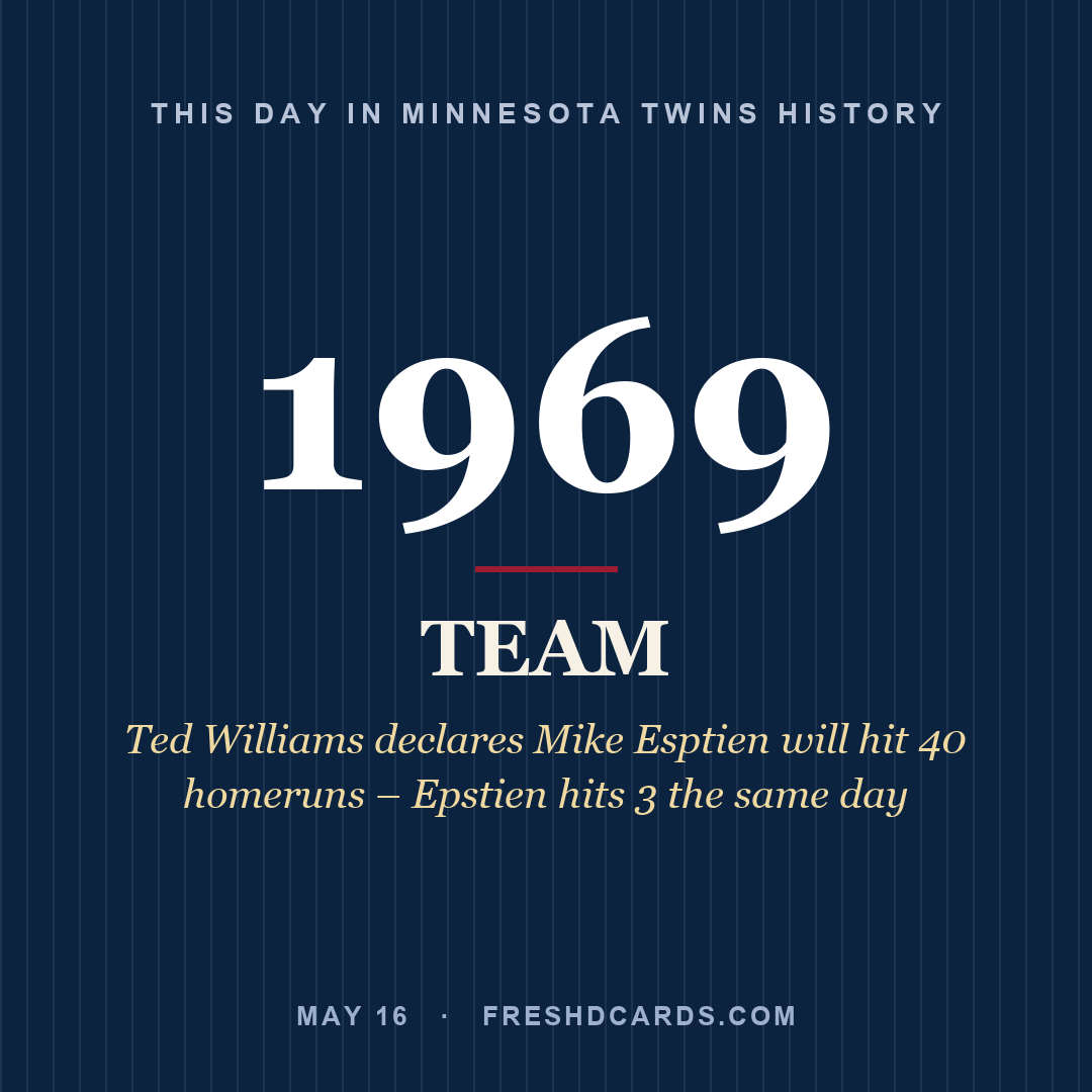 Minnesota Twins: Minnesota Twins, 1969, Ted Williams declares Mike Esptien will hit 40 homeruns – Epstien hits 3 the same day