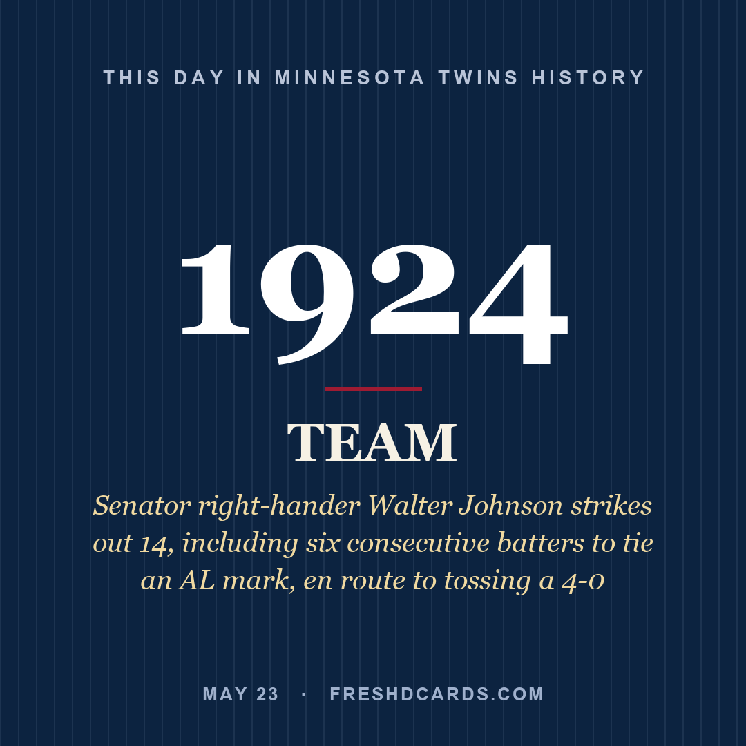 Minnesota Twins: Minnesota Twins, 1924, Senator right-hander Walter Johnson strikes out 14, including six consecutive batters to tie an AL mark, en route to tossing a 4-0