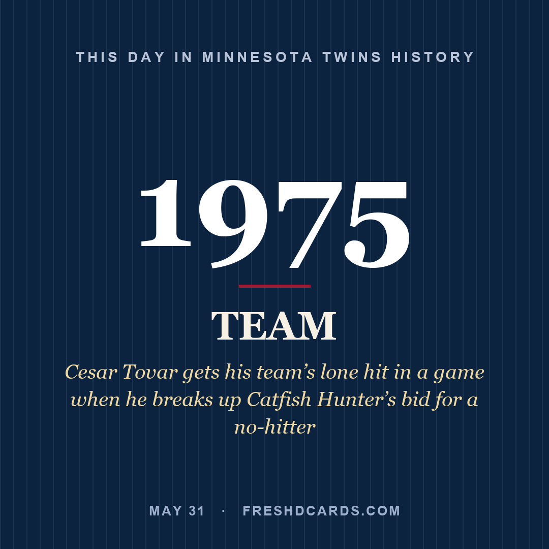 Minnesota Twins: Minnesota Twins, 1975, Cesar Tovar gets his team’s lone hit in a game when he breaks up Catfish Hunter’s bid for a no-hitter